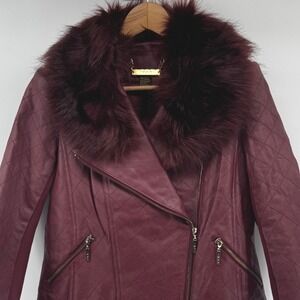 IMAN Burgundy‎ Quilted Real Leather Moto Jacket Faux Fur Collar Women's S NWOT